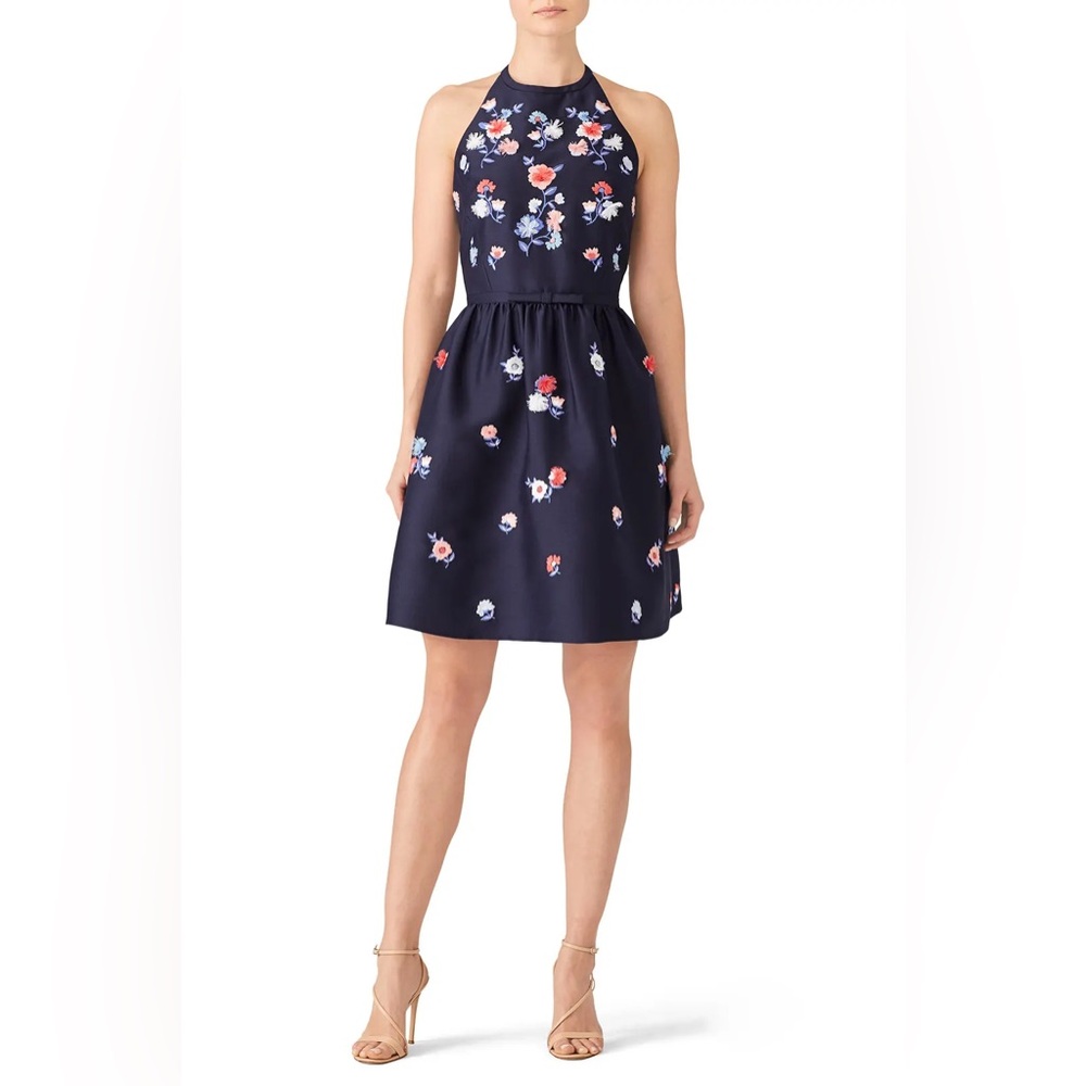 Kate Spade || Pom Embroidered Party Dress Fit Flare Halter Floral‎ Navy 10